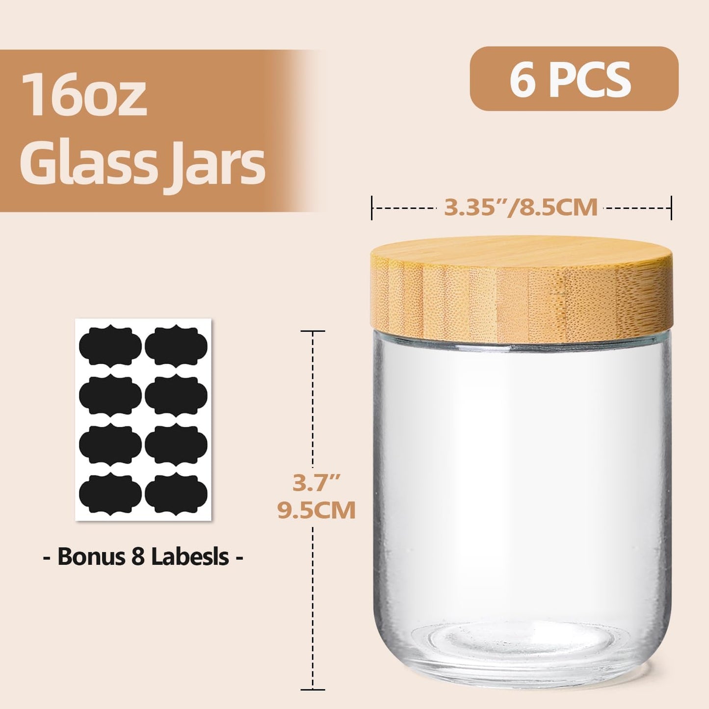 Yopinmall Glass Storage Jars with Airtight Lids, 6-Pack, 8.5 x 9.5 cm, NEW