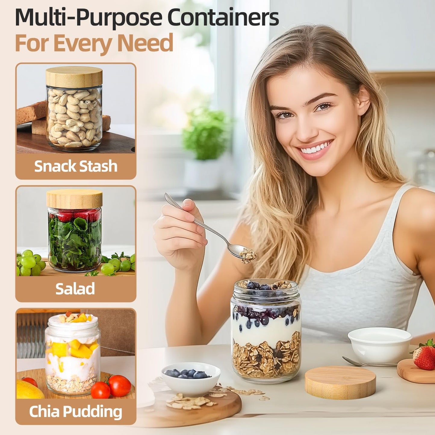 Yopinmall Glass Storage Jars with Airtight Lids, 6-Pack, 8.5 x 9.5 cm, NEW