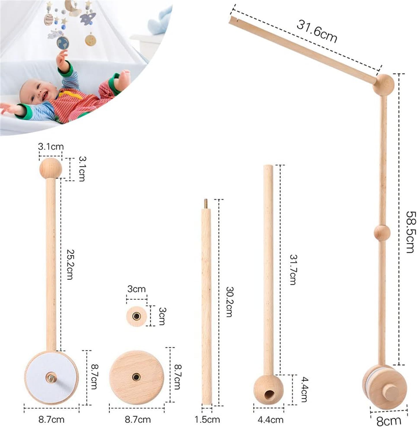 JANTONOR Wooden Arm DIY Baby Mobile Holder for Crib Mobiles, Beechwood NEW