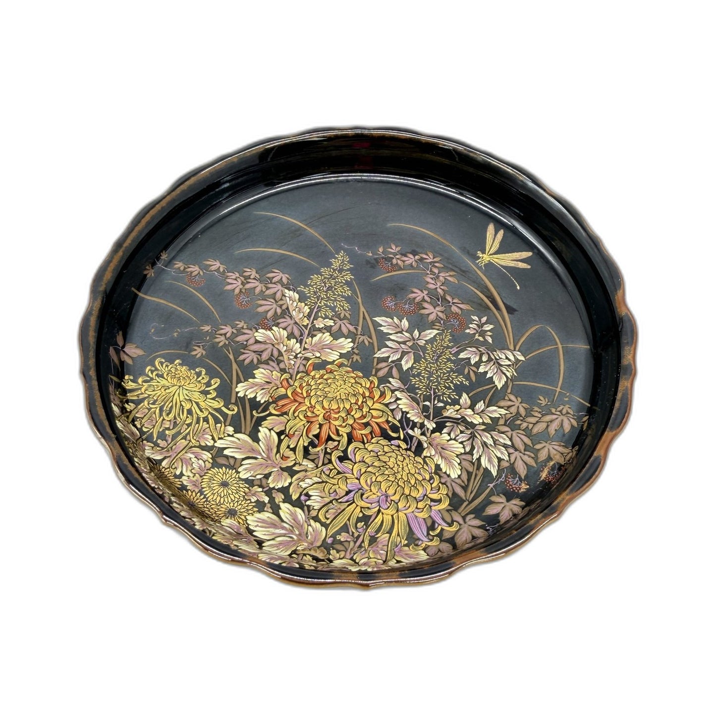 Tenmoku-Kiku Black Decorative Plate Vintage Japanese Ceramic Floral Design