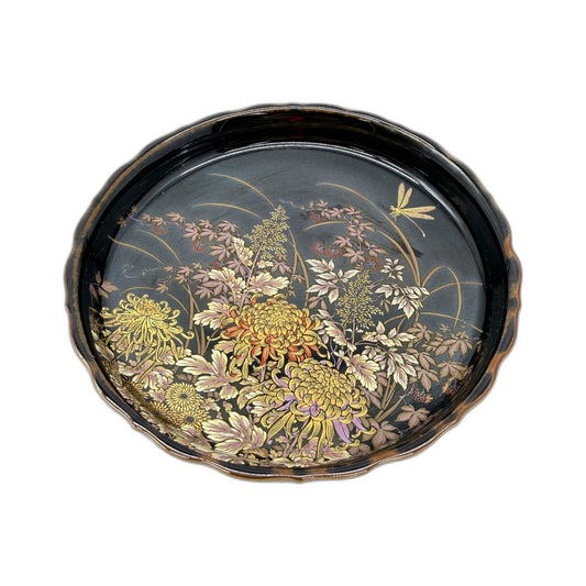 Tenmoku-Kiku Black Decorative Plate Vintage Japanese Ceramic Floral Design