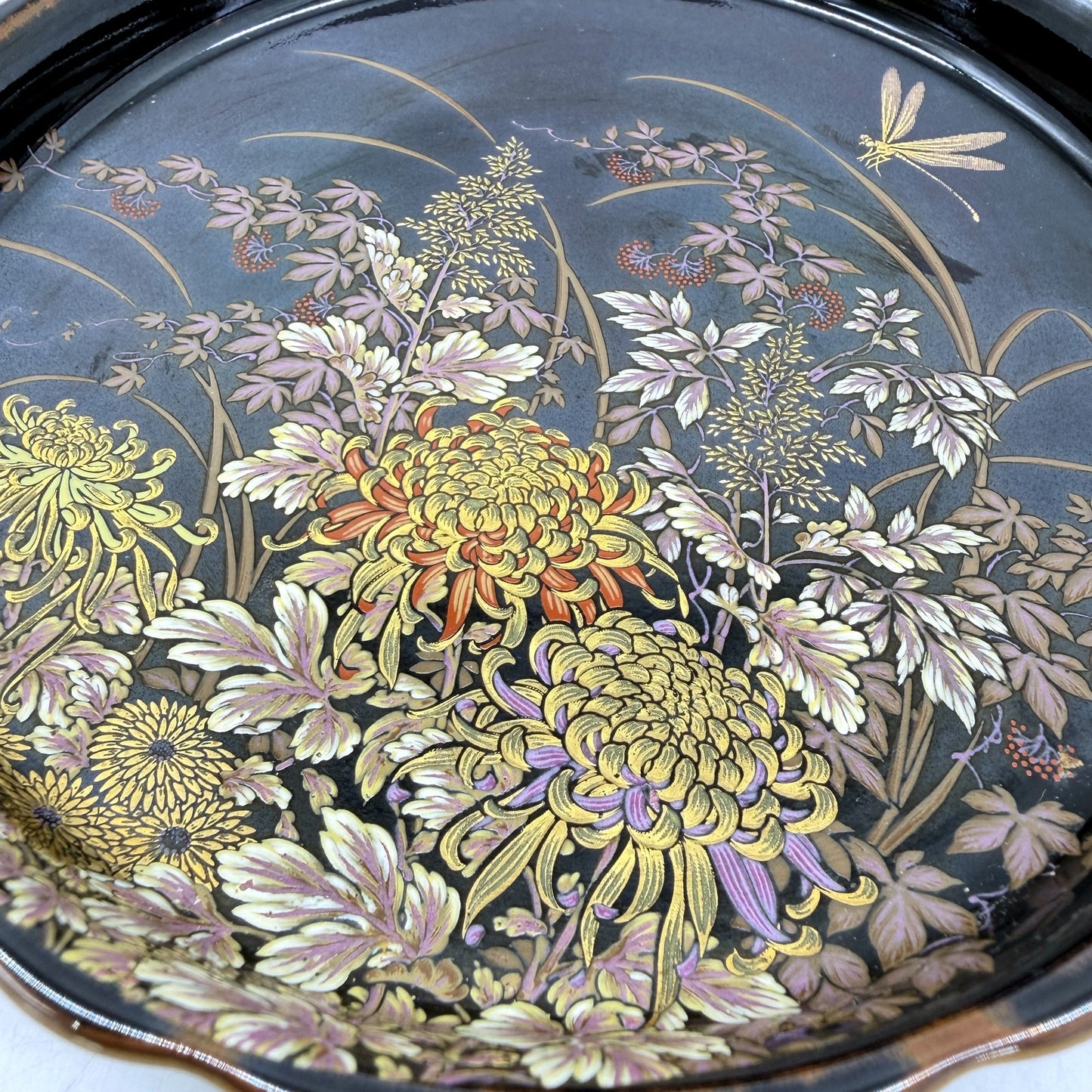 Tenmoku-Kiku Black Decorative Plate Vintage Japanese Ceramic Floral Design