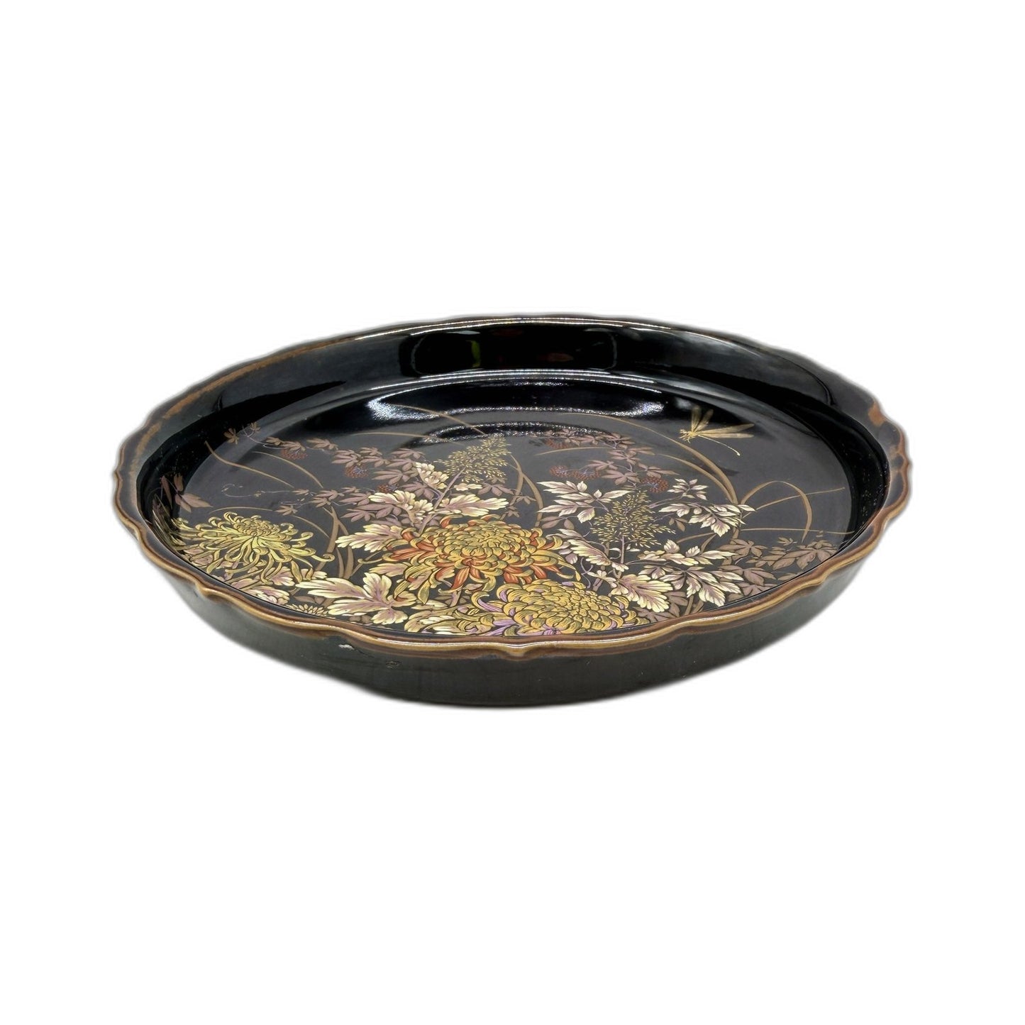 Tenmoku-Kiku Black Decorative Plate Vintage Japanese Ceramic Floral Design