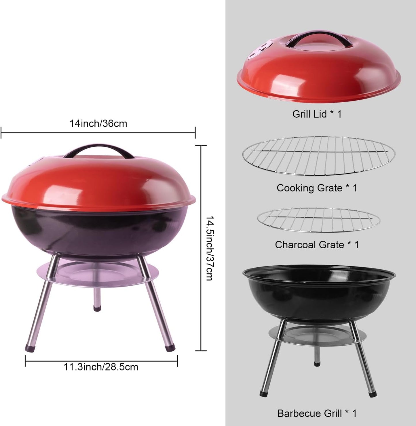 guogiyala Portable Outdoor Charcoal Grill 14" with 3-Point Locking Lid Red NEW