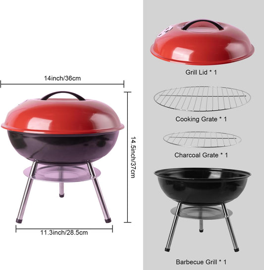 guogiyala Portable Outdoor Charcoal Grill 14" with 3-Point Locking Lid Red NEW
