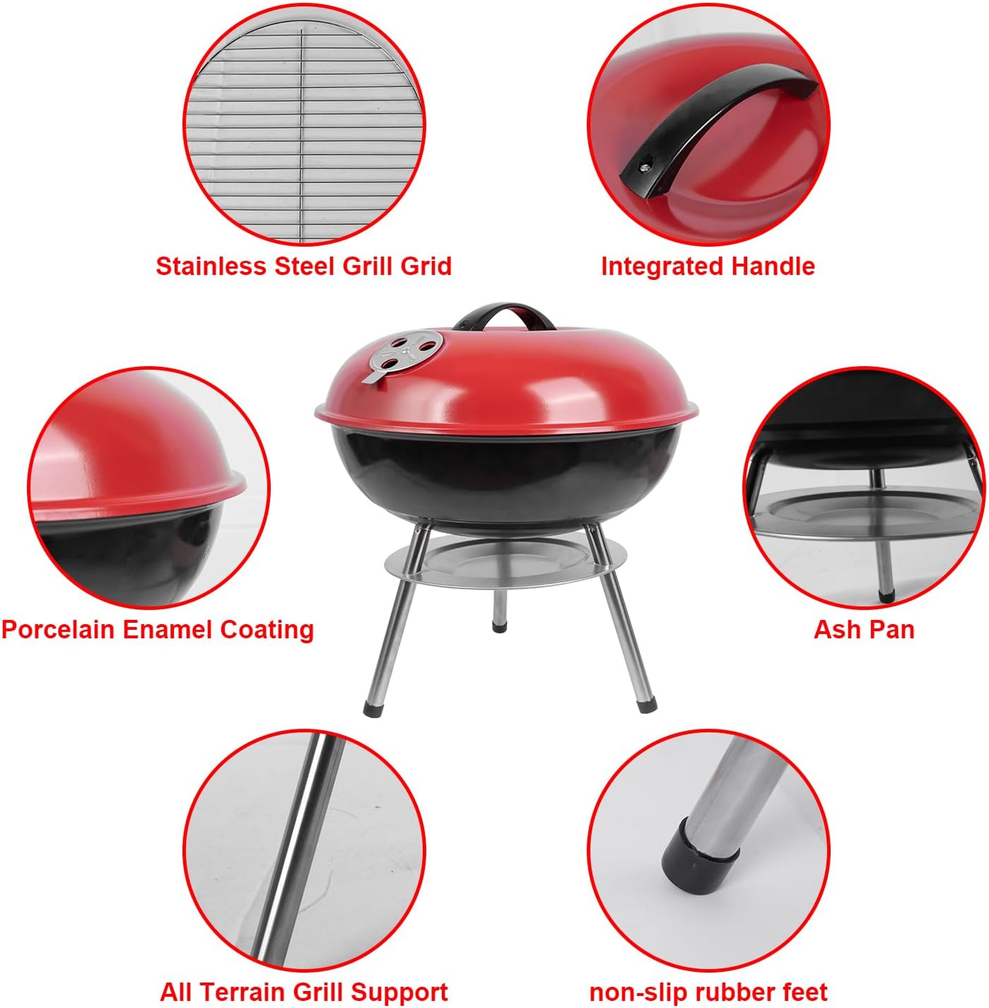 guogiyala Portable Outdoor Charcoal Grill 14" with 3-Point Locking Lid Red NEW