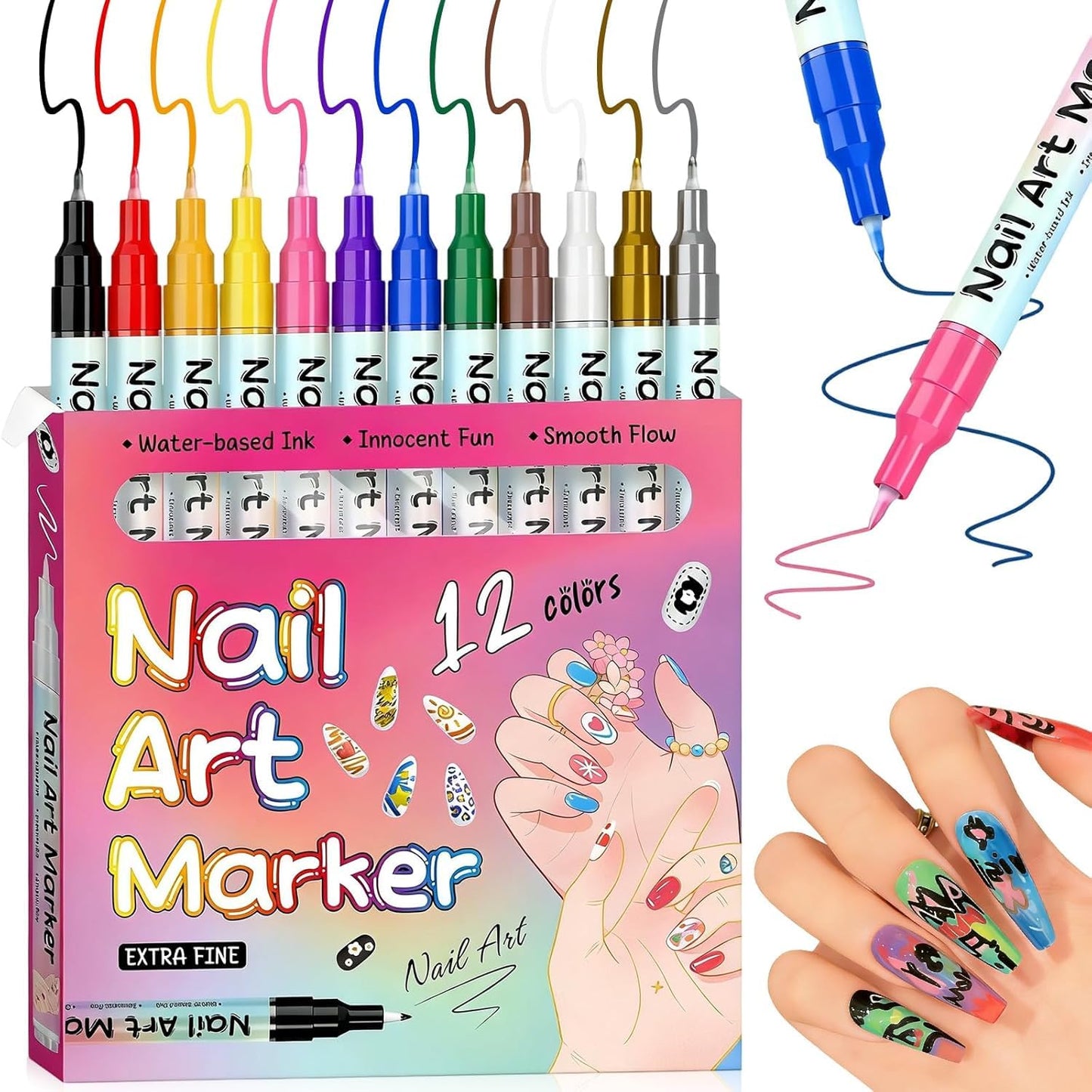 SpongeTowels Fine Tip 12 Nail Art Markers Set for DIY Manicure & Designs NEW