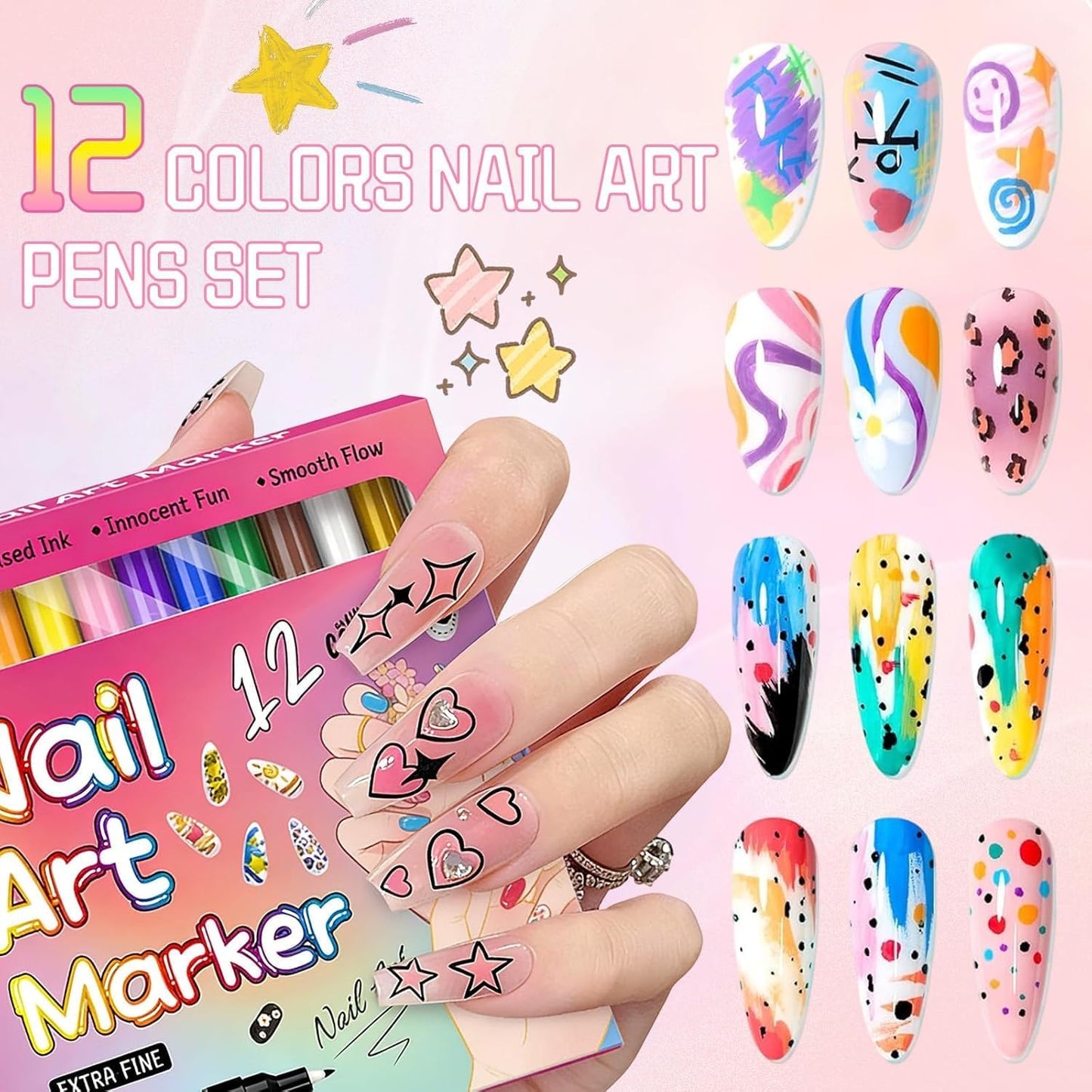 SpongeTowels Fine Tip 12 Nail Art Markers Set for DIY Manicure & Designs NEW