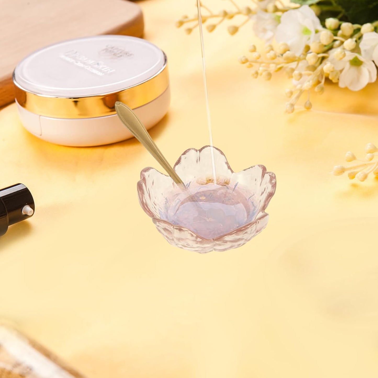Healeved Pink Flower Glass Facial Mini Bowls with Spoons Essential Oil Dish NEW