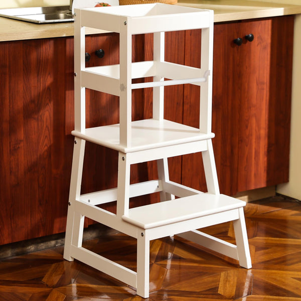 Wiifo Wooden Toddler Step Stool with Safety Rail Sturdy Stepping Tower White NEW