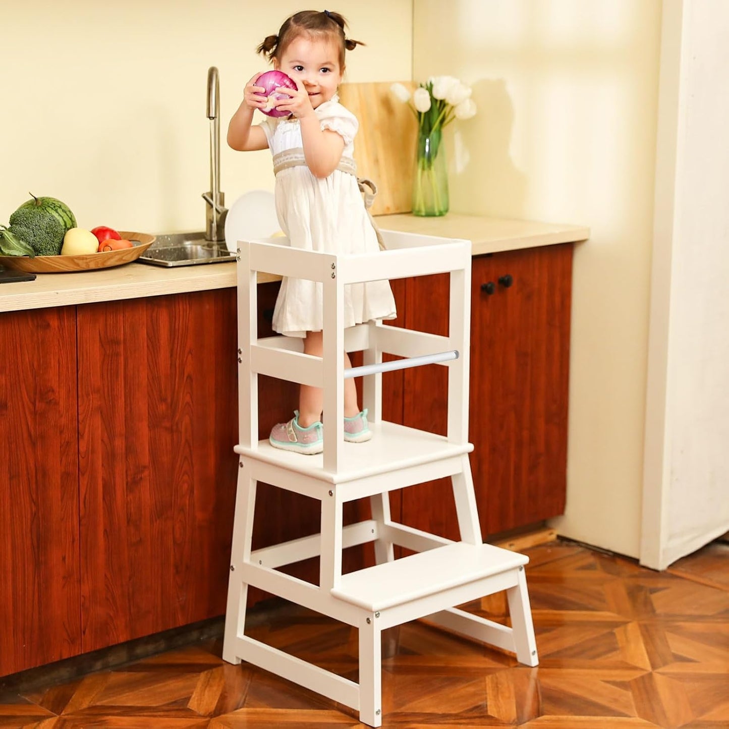 Wiifo Wooden Toddler Step Stool with Safety Rail Sturdy Stepping Tower White NEW