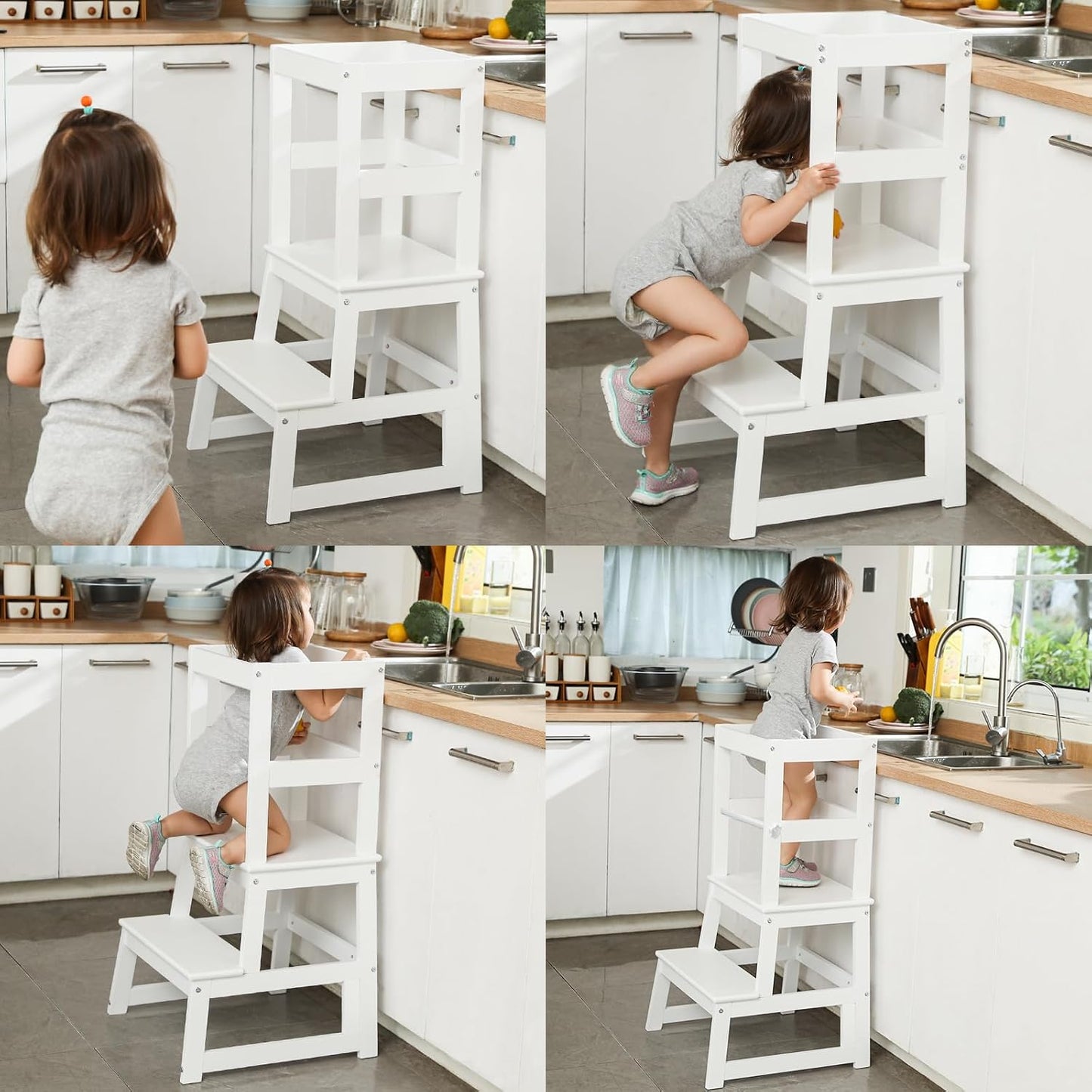 Wiifo Wooden Toddler Step Stool with Safety Rail Sturdy Stepping Tower White NEW