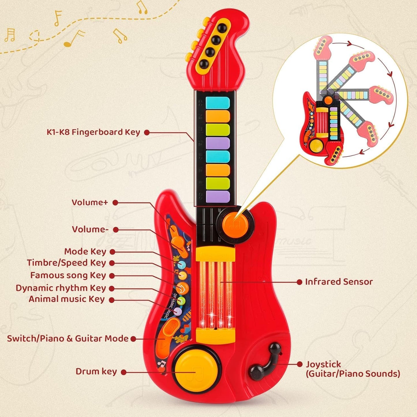 Bytebliss 2-in-1 Musical Toy Instruments: Piano and Electric Guitar RED DEMO