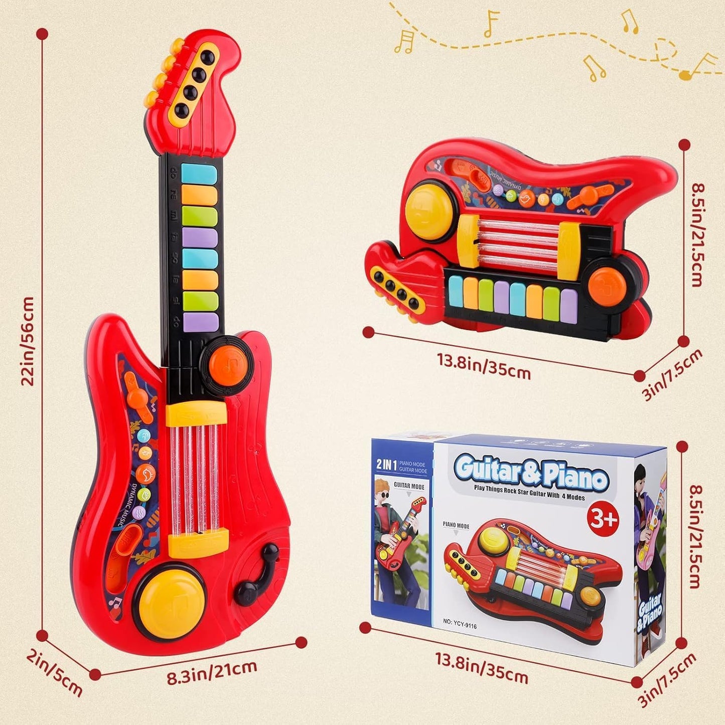 Bytebliss 2-in-1 Musical Toy Instruments: Piano and Electric Guitar RED DEMO
