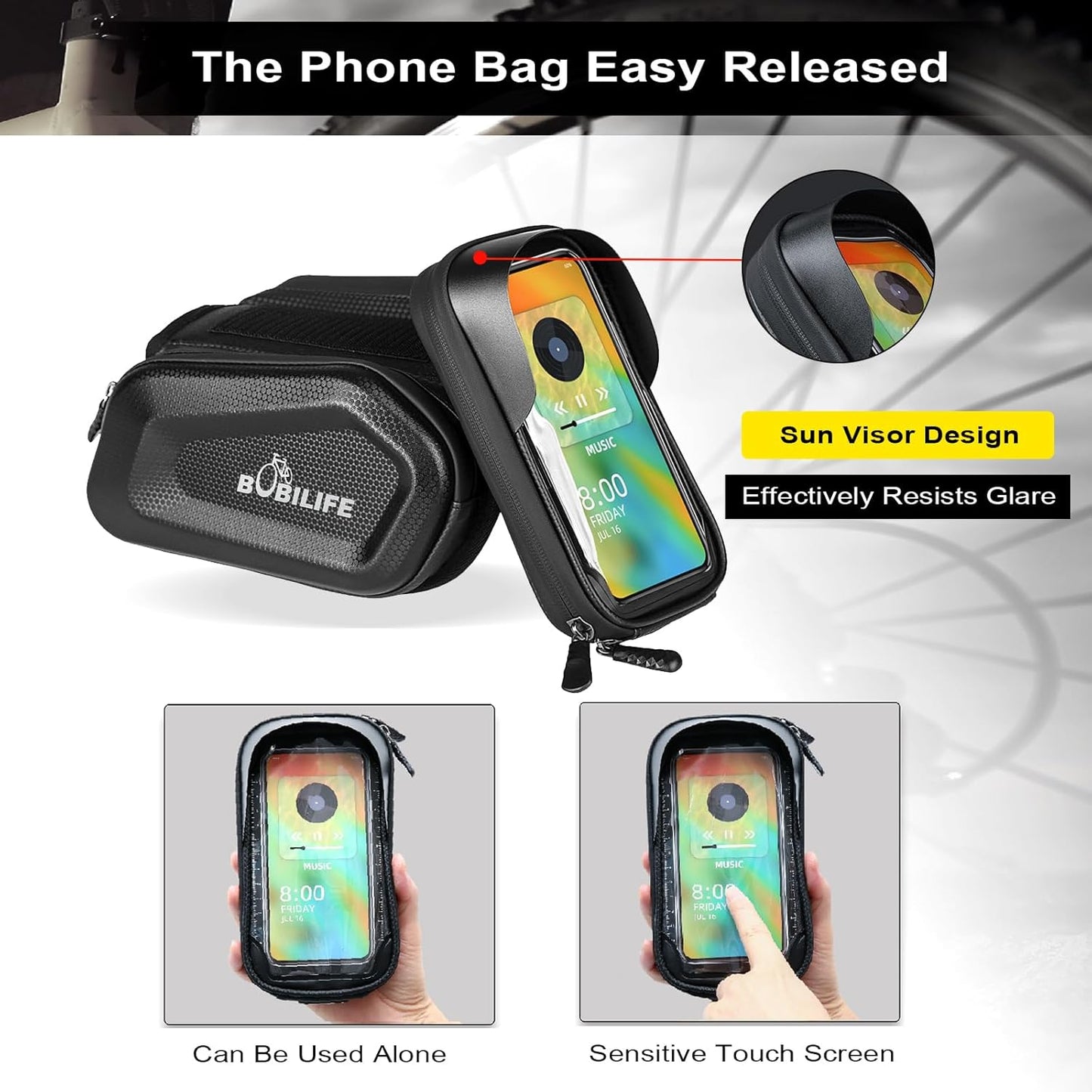 BOBILIFE Handlebar Bag with Touchable Phone Holder Bicycle Waterproof Black NEW