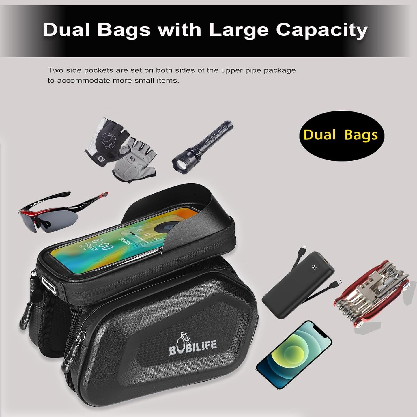 BOBILIFE Handlebar Bag with Touchable Phone Holder Bicycle Waterproof Black NEW