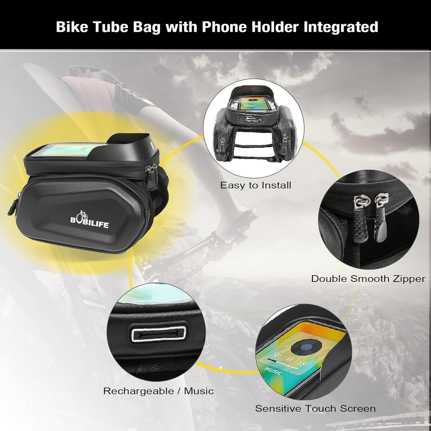BOBILIFE Handlebar Bag with Touchable Phone Holder Bicycle Waterproof Black NEW