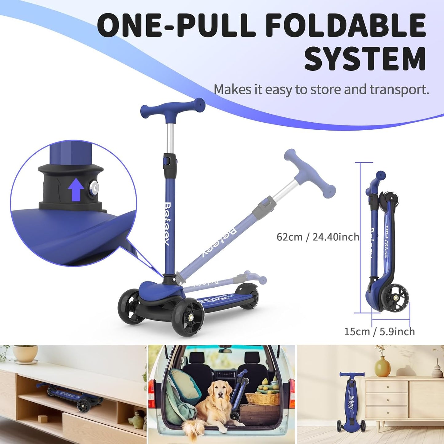 BELEEV 3-Wheel Scooters Folding Scooter for Toddlers, Navy Blue, Sturdy NEW