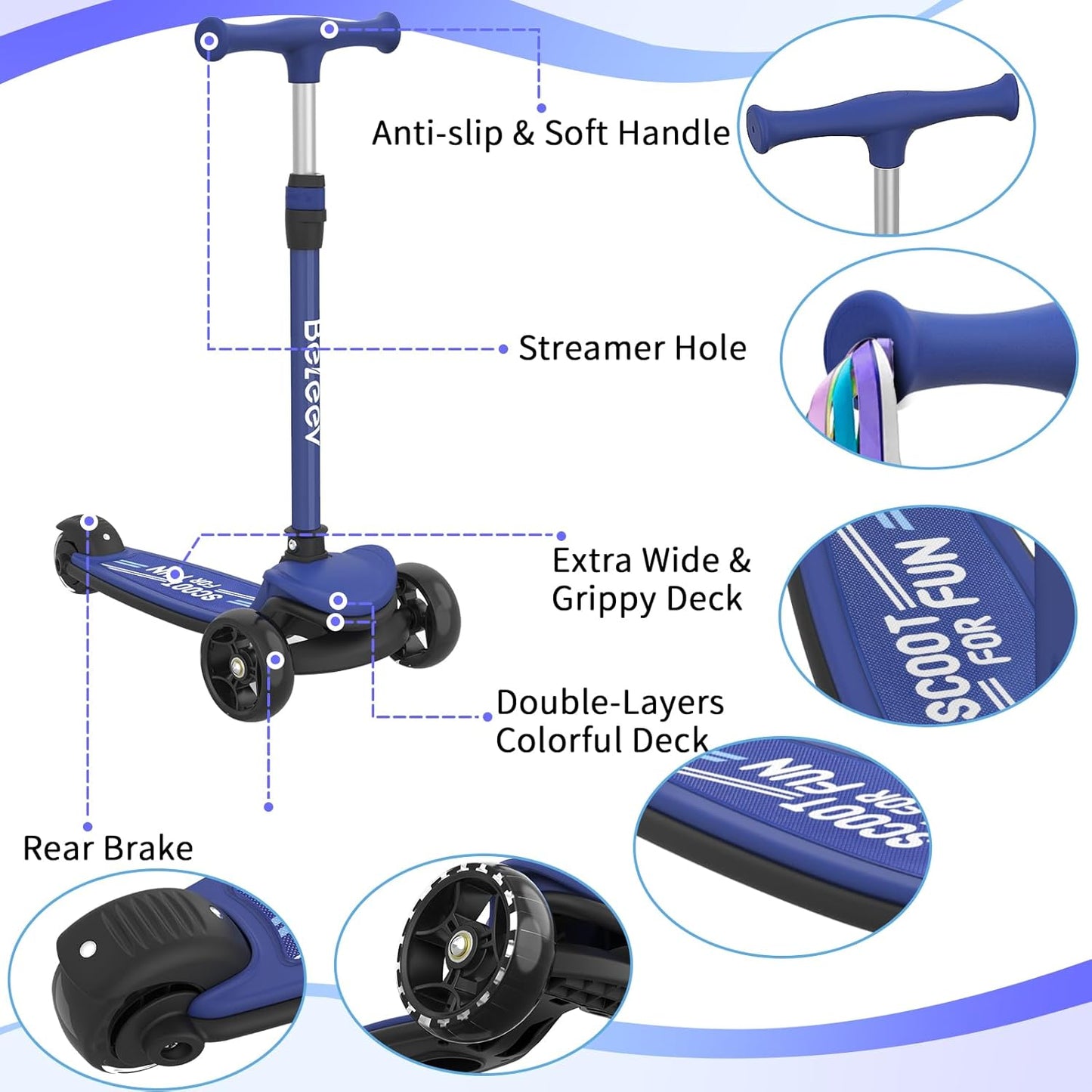 BELEEV 3-Wheel Scooters Folding Scooter for Toddlers, Navy Blue, Sturdy NEW