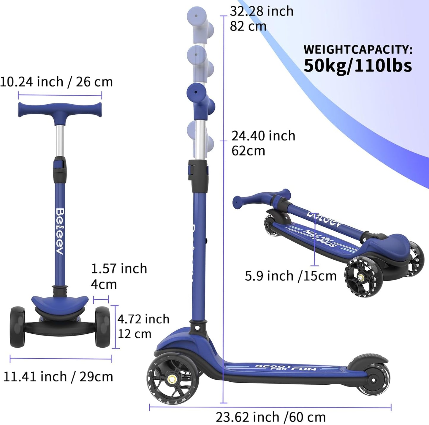 BELEEV 3-Wheel Scooters Folding Scooter for Toddlers, Navy Blue, Sturdy NEW