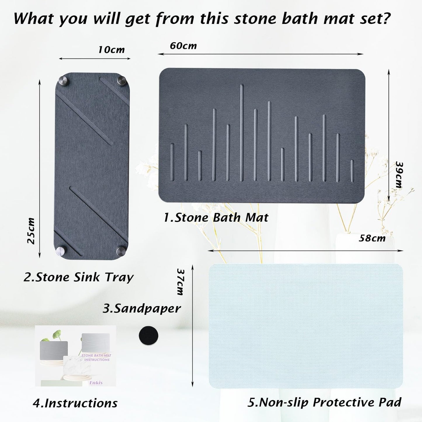 Enkis Dark Grey Diatomite Stone Bath Mat Non-Slip Quick Dry 39 x 60 cm NEW