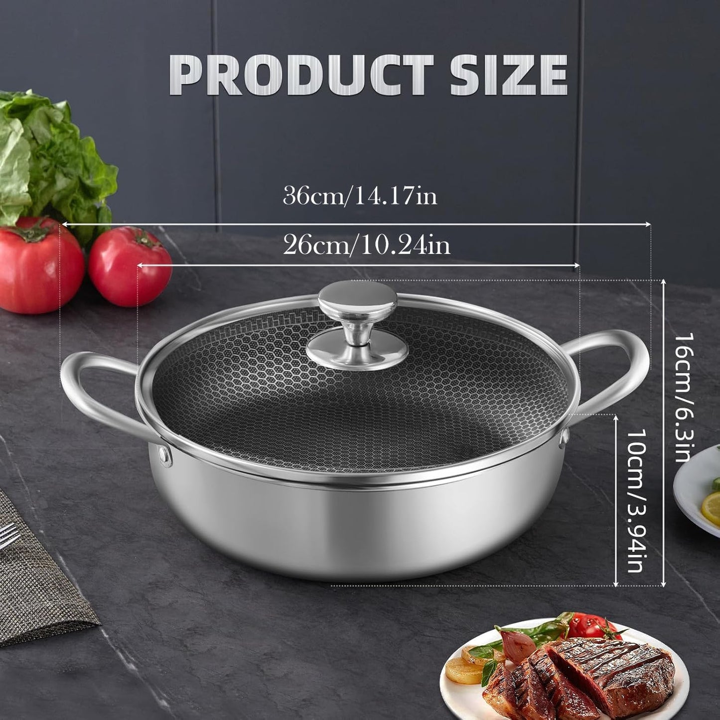 Homodoskey Stainless Steel Saute Pan with Lid Deep Frying Nonstick Cookware NEW