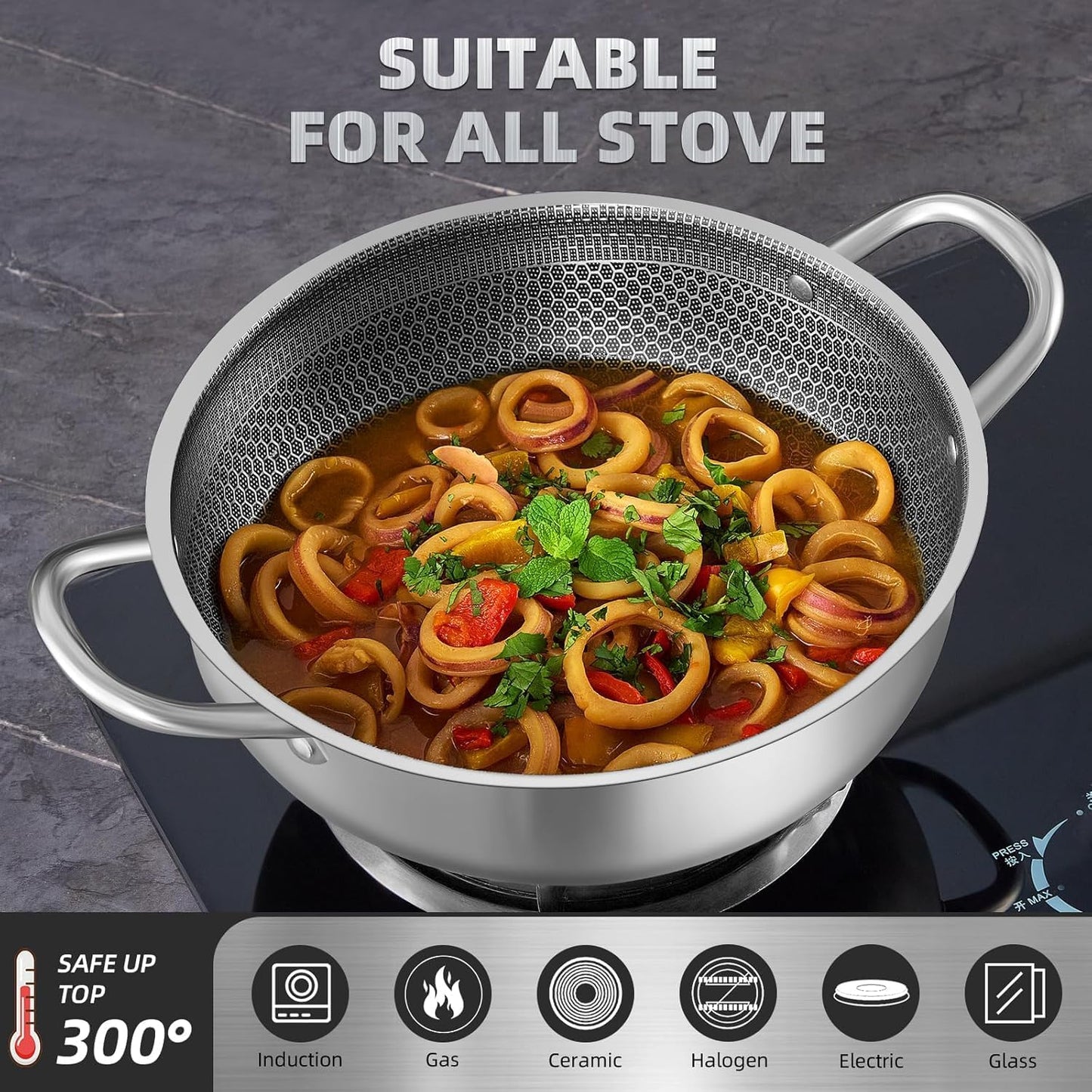 Homodoskey Stainless Steel Saute Pan with Lid Deep Frying Nonstick Cookware NEW