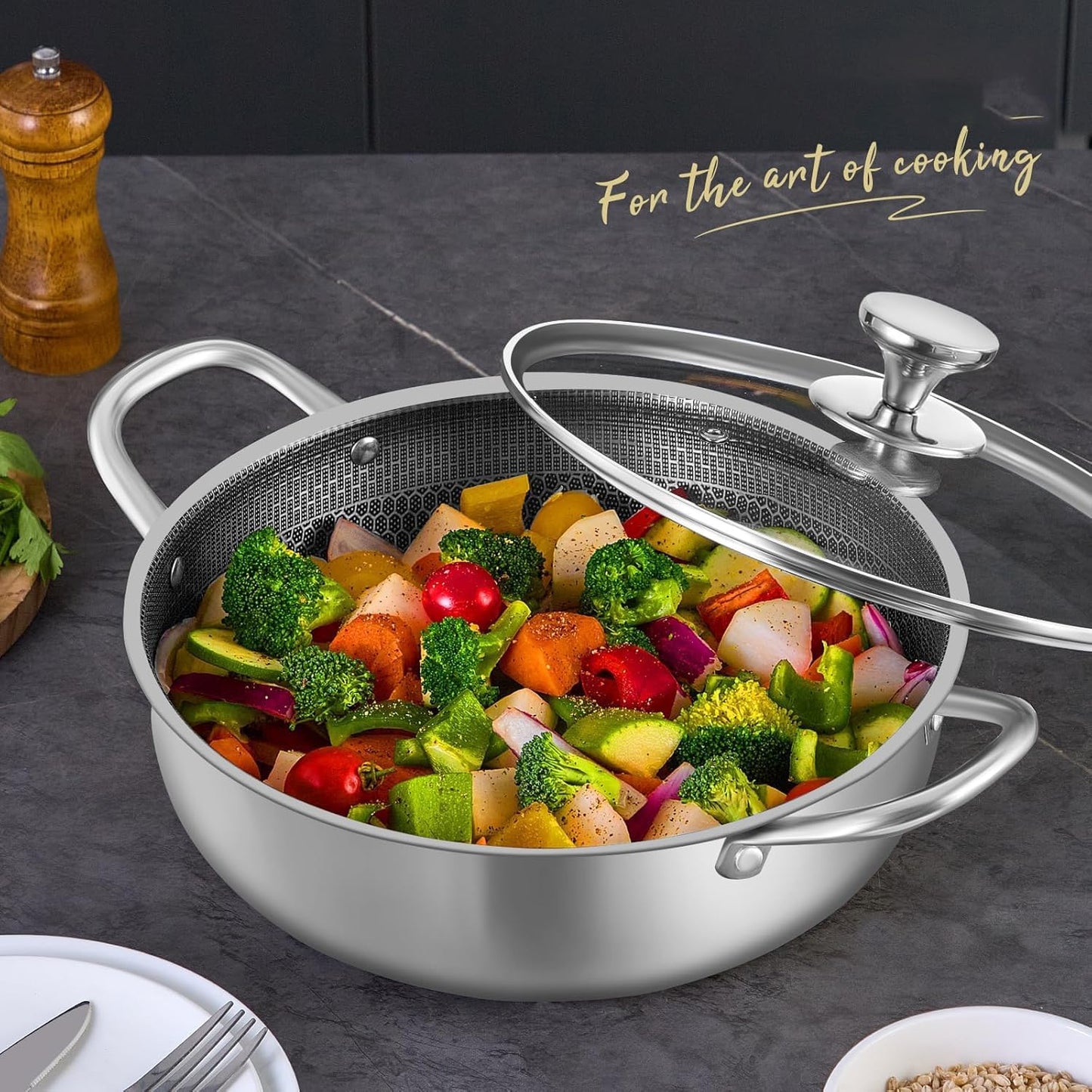 Homodoskey Stainless Steel Saute Pan with Lid Deep Frying Nonstick Cookware NEW