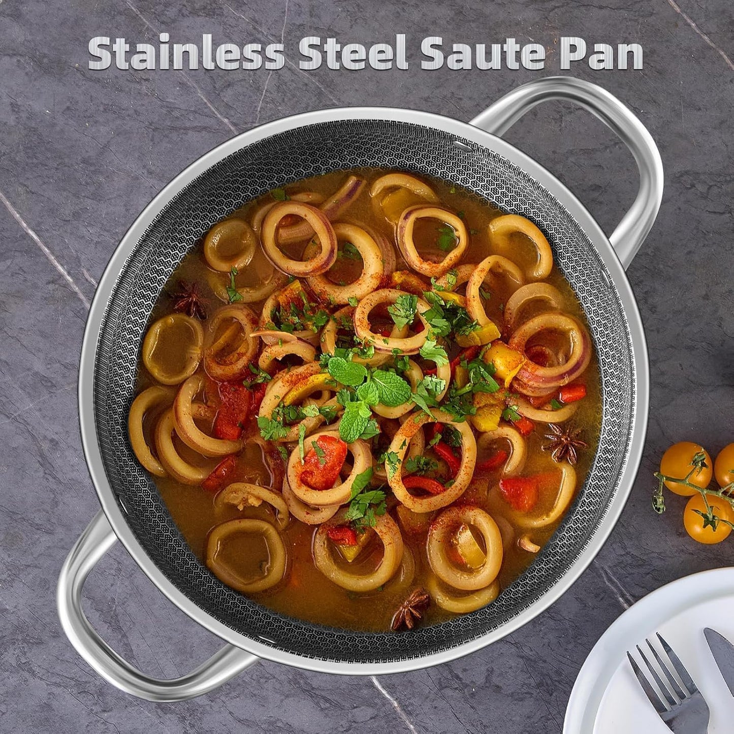 Homodoskey Stainless Steel Saute Pan with Lid Deep Frying Nonstick Cookware NEW