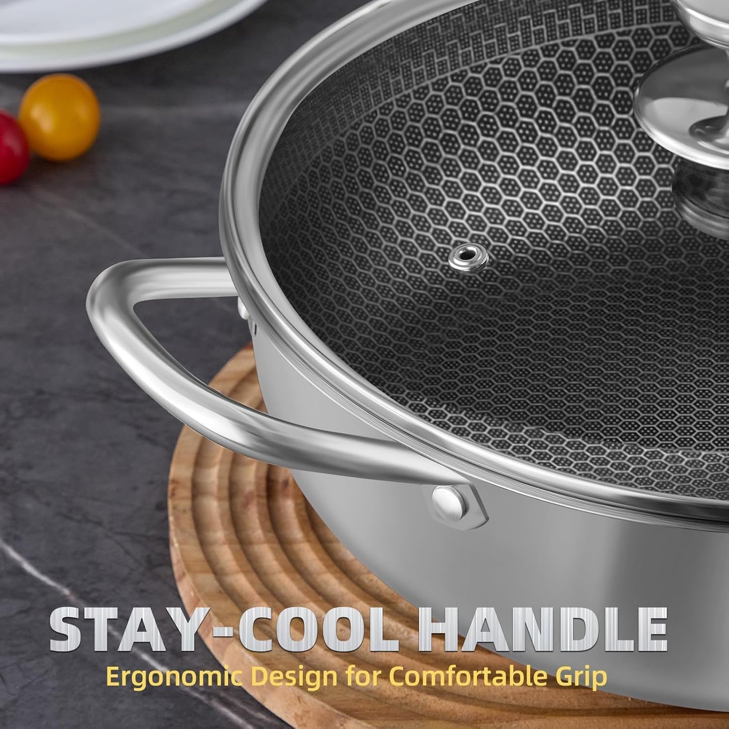 Homodoskey Stainless Steel Saute Pan with Lid Deep Frying Nonstick Cookware NEW