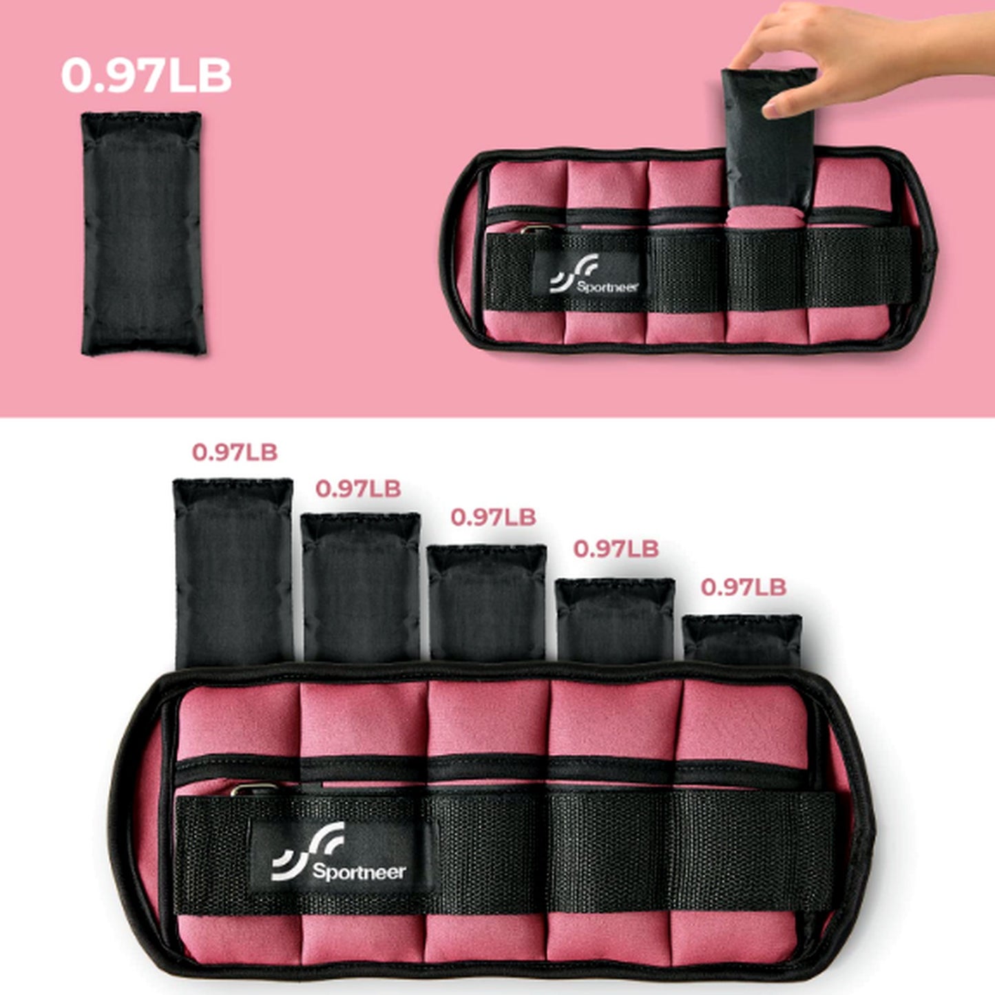 Sportneer Adjustable Ankle Weights 0.9-4.5 kg, 1-5 lbs Each Pair PINK NEW