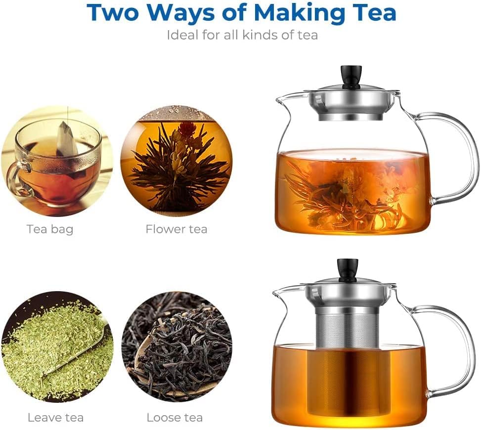 ecooe 1000ml Glass Teapot with Stainless Steel Infuser for Stovetop 33 oz NEW