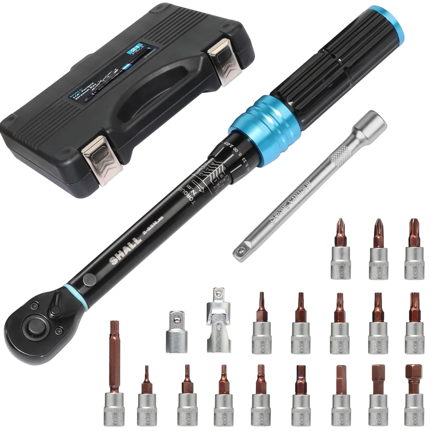 Shall 21-Piece Torque Wrench Set Dual Direction Adjustable 72 Teeth Chrome NEW