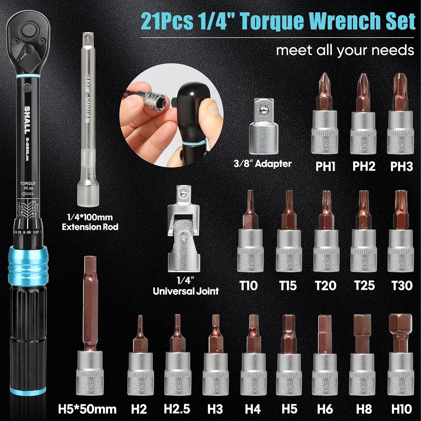 Shall 21-Piece Torque Wrench Set Dual Direction Adjustable 72 Teeth Chrome NEW