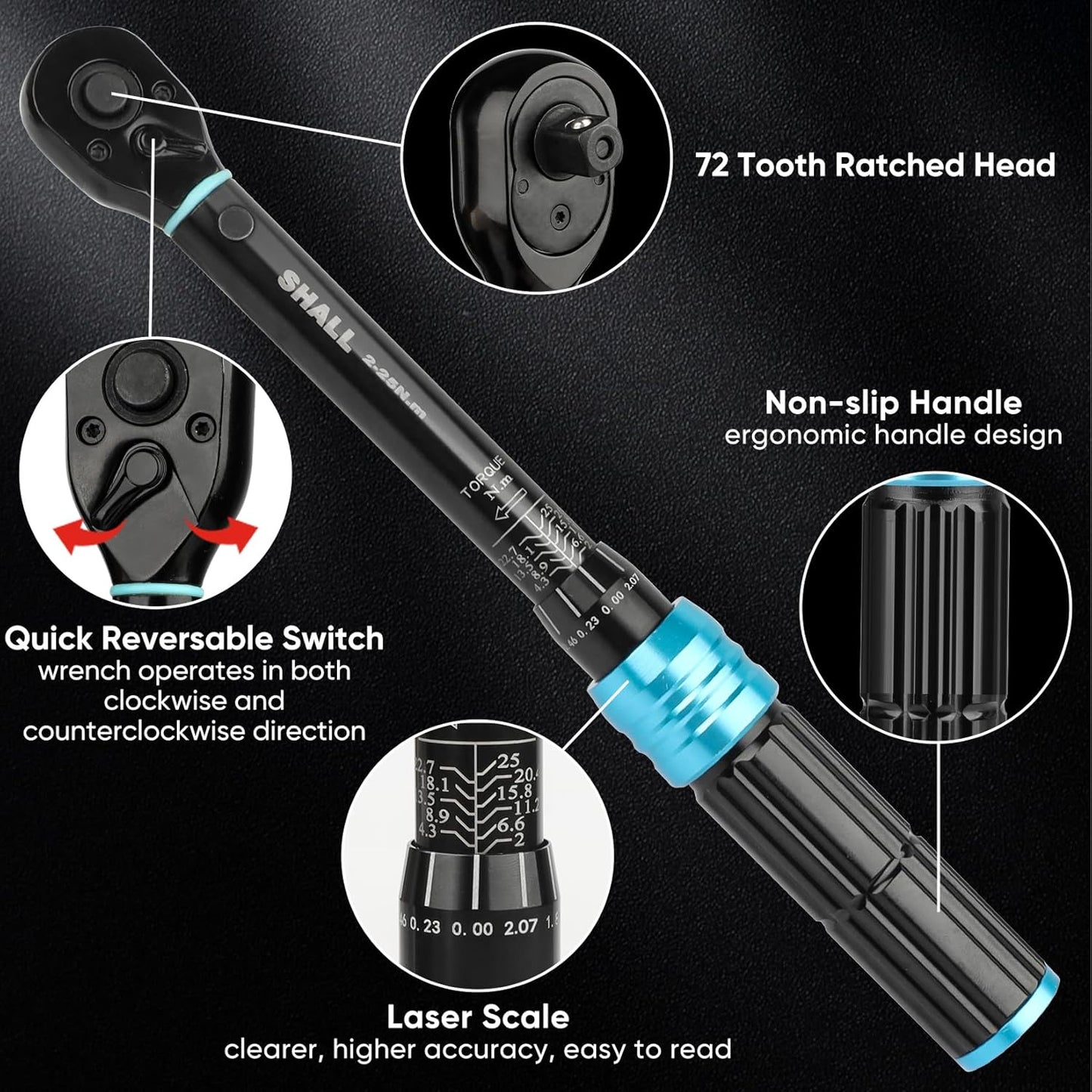 Shall 21-Piece Torque Wrench Set Dual Direction Adjustable 72 Teeth Chrome NEW