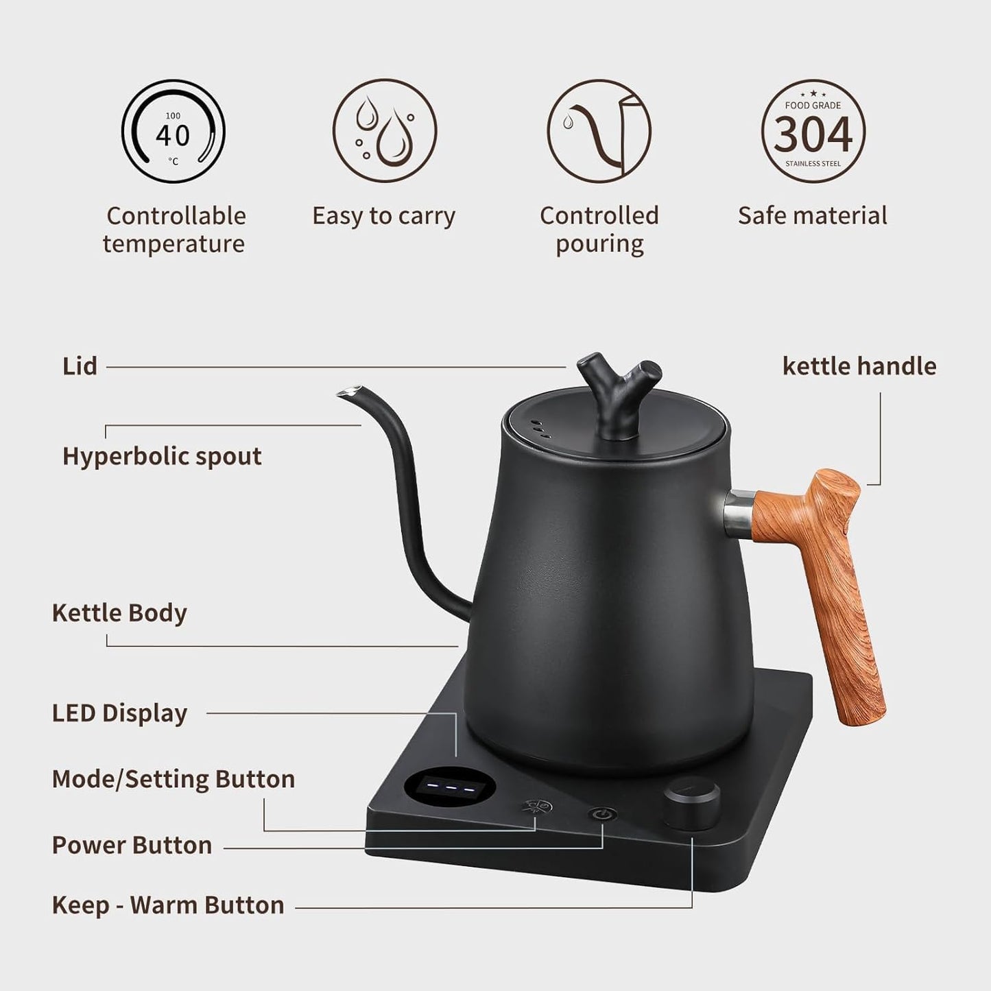 LXTANYY Electric Kettle 1L with LCD Display Real-Time Temperature Control DEMO
