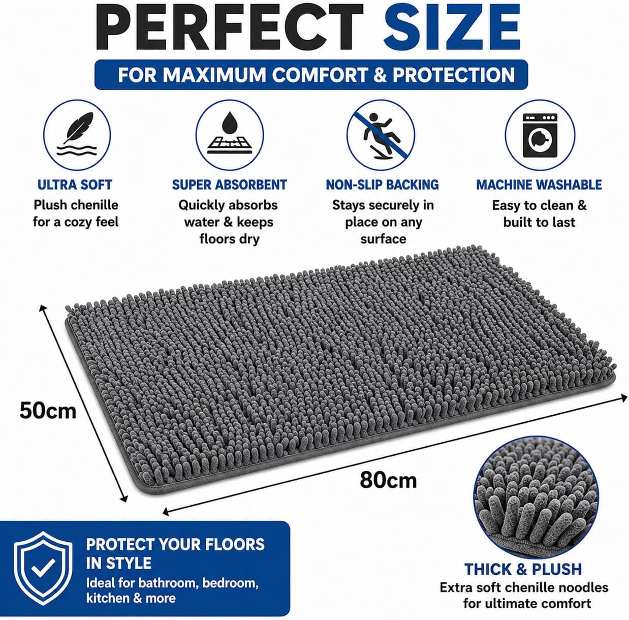 Opal Abode Plush Chenille Bath Mat Absorbent Non-Slip Quick-Dry Light Grey NEW