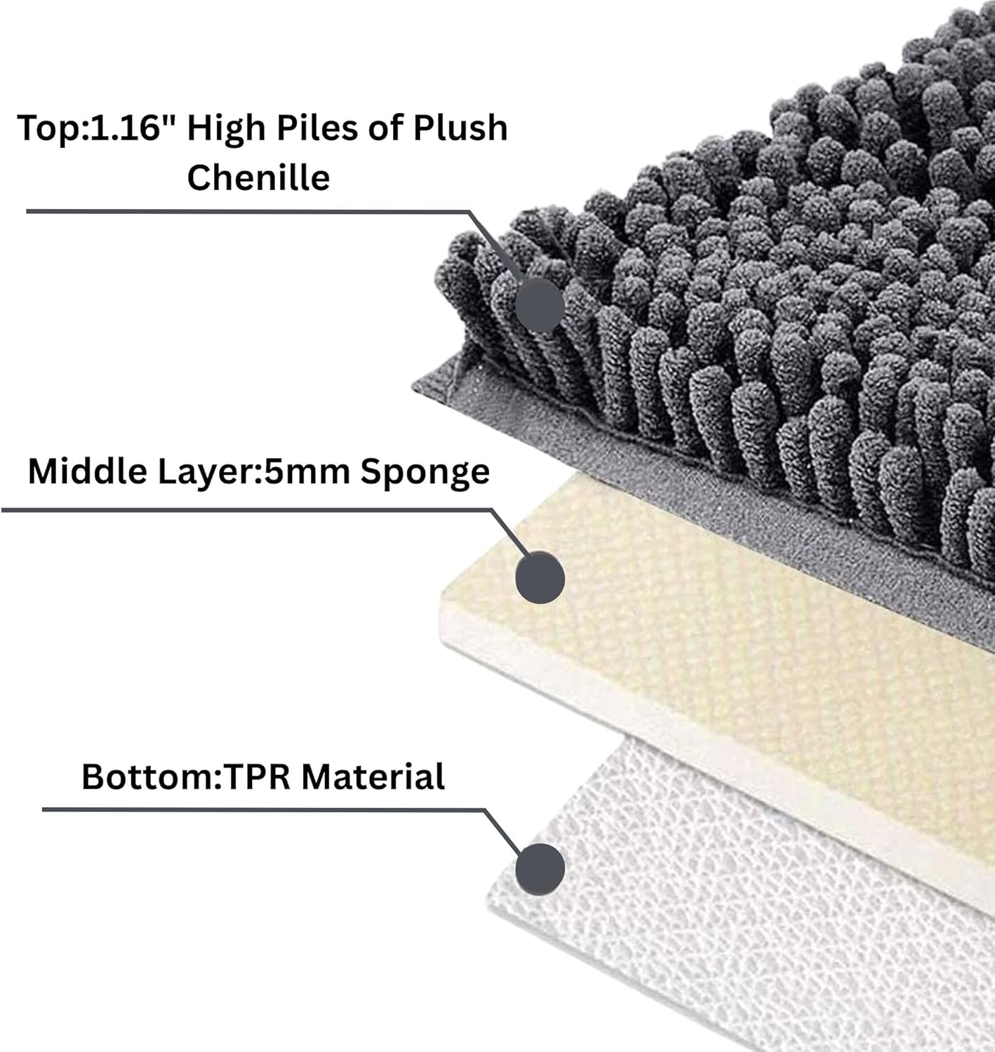 Opal Abode Plush Chenille Bath Mat Absorbent Non-Slip Quick-Dry Light Grey NEW