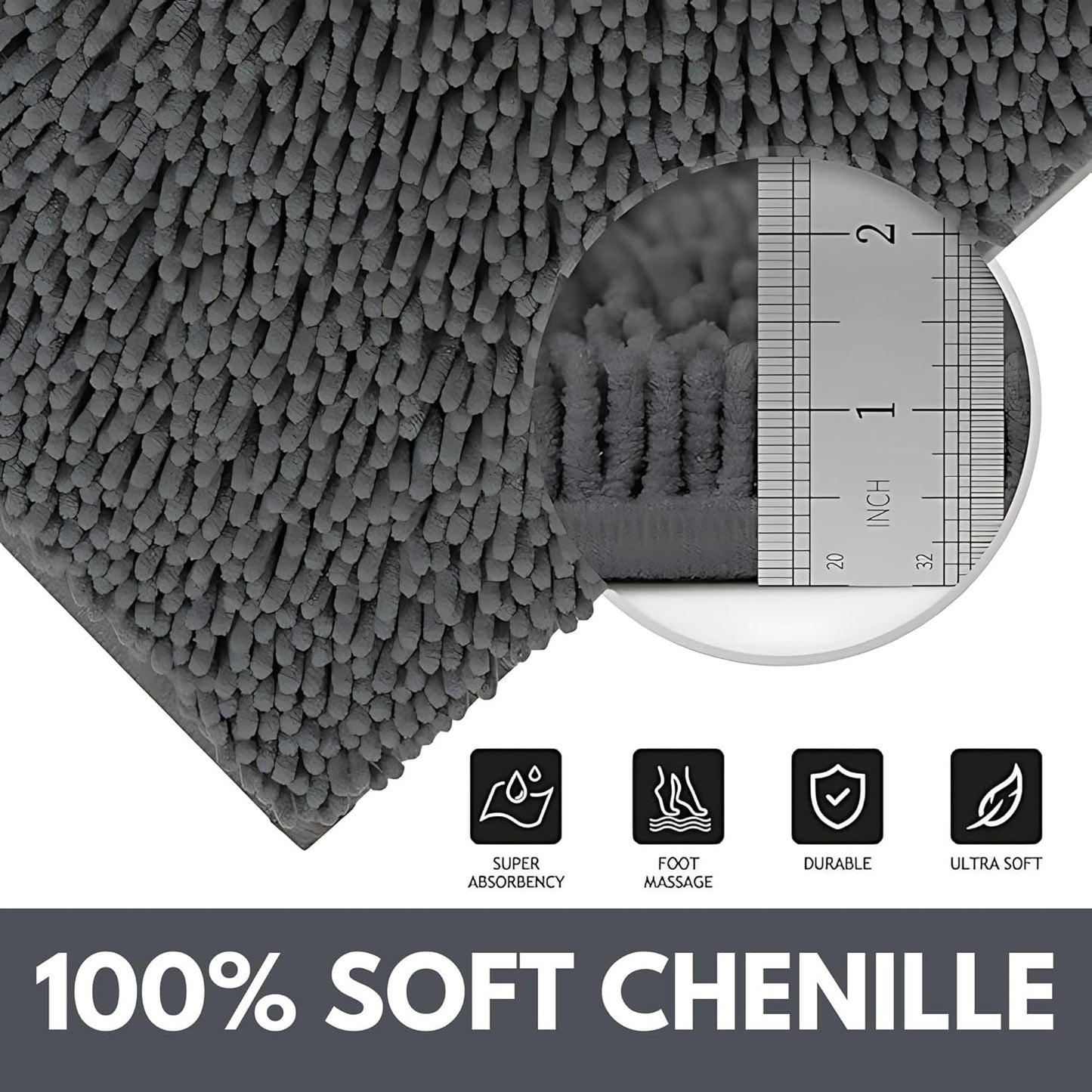 Opal Abode Plush Chenille Bath Mat Absorbent Non-Slip Quick-Dry Light Grey NEW