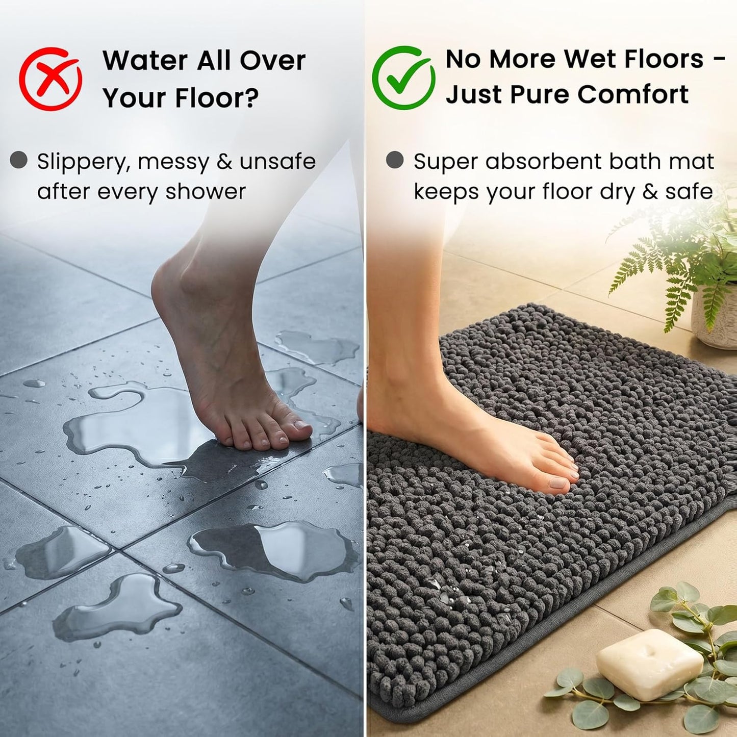 Opal Abode Plush Chenille Bath Mat Absorbent Non-Slip Quick-Dry Light Grey NEW