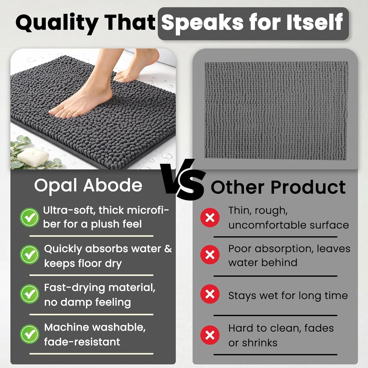 Opal Abode Plush Chenille Bath Mat Absorbent Non-Slip Quick-Dry Light Grey NEW