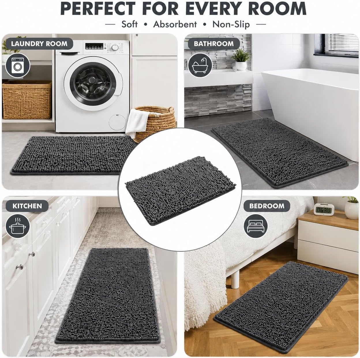 Opal Abode Plush Chenille Bath Mat Absorbent Non-Slip Quick-Dry Light Grey NEW