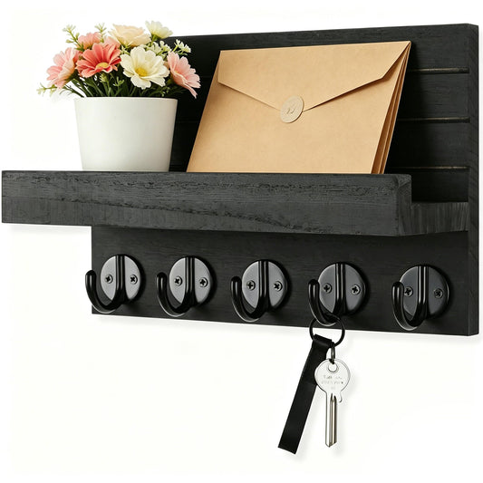 QYINXIU Wood Key Holder Wall Mounted Mail Organizer Coat Hooks in Black NEW
