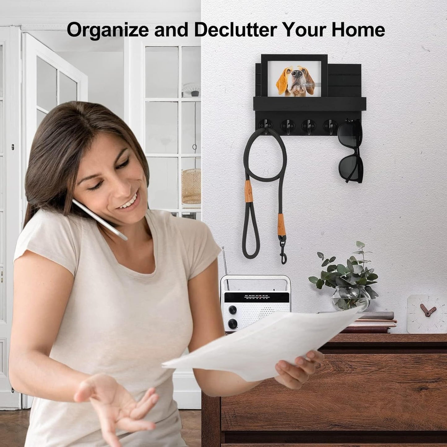 QYINXIU Wood Key Holder Wall Mounted Mail Organizer Coat Hooks in Black NEW
