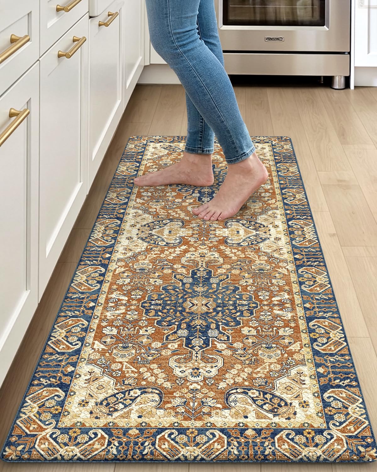 DEXI Boho Floral Cushioned Waterproof Kitchen Floor Mat in Brown Beige NEW