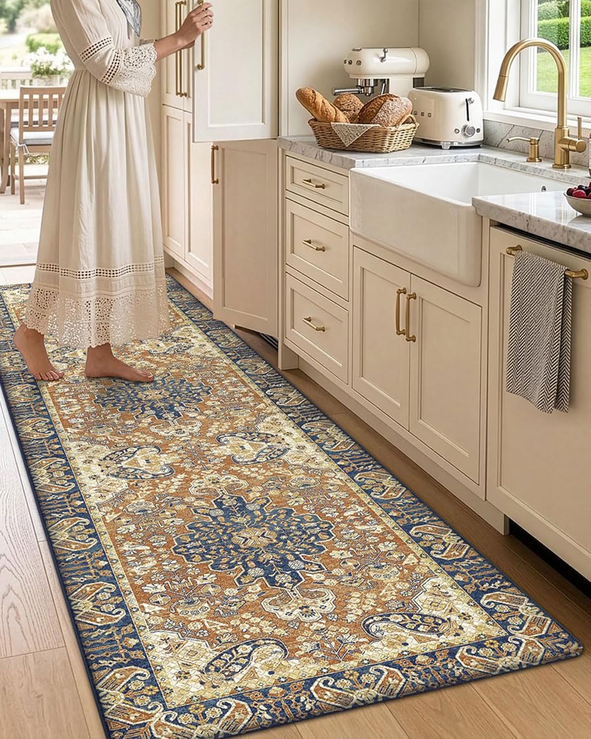 DEXI Boho Floral Cushioned Waterproof Kitchen Floor Mat in Brown Beige NEW