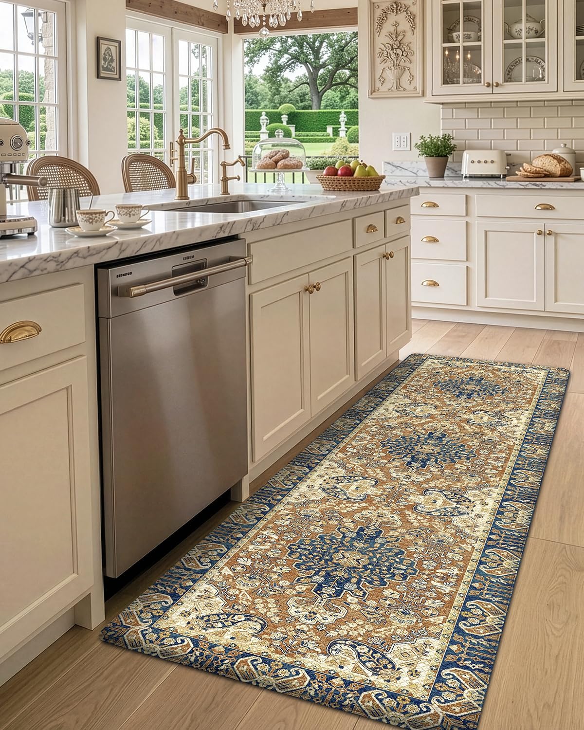 DEXI Boho Floral Cushioned Waterproof Kitchen Floor Mat in Brown Beige NEW