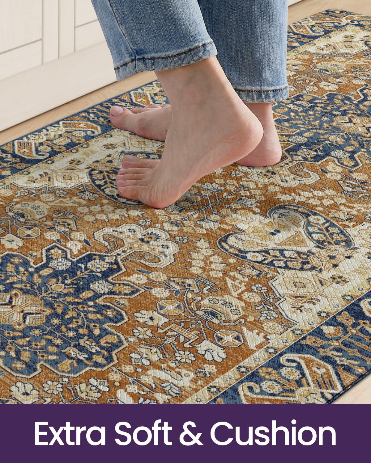 DEXI Boho Floral Cushioned Waterproof Kitchen Floor Mat in Brown Beige NEW