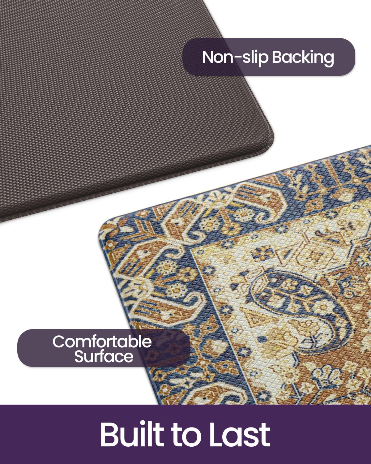 DEXI Boho Floral Cushioned Waterproof Kitchen Floor Mat in Brown Beige NEW