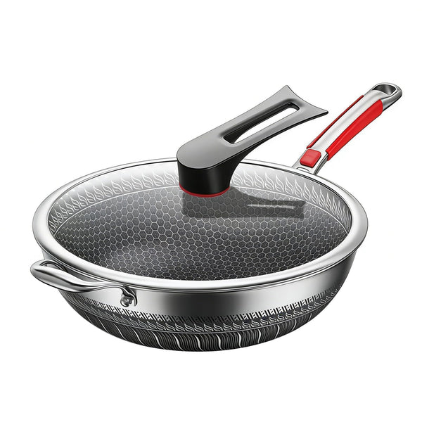 Meikurs Stainless Steel Frying Pan with Lid Tri-Ply Aluminum Core Hexagon NEW
